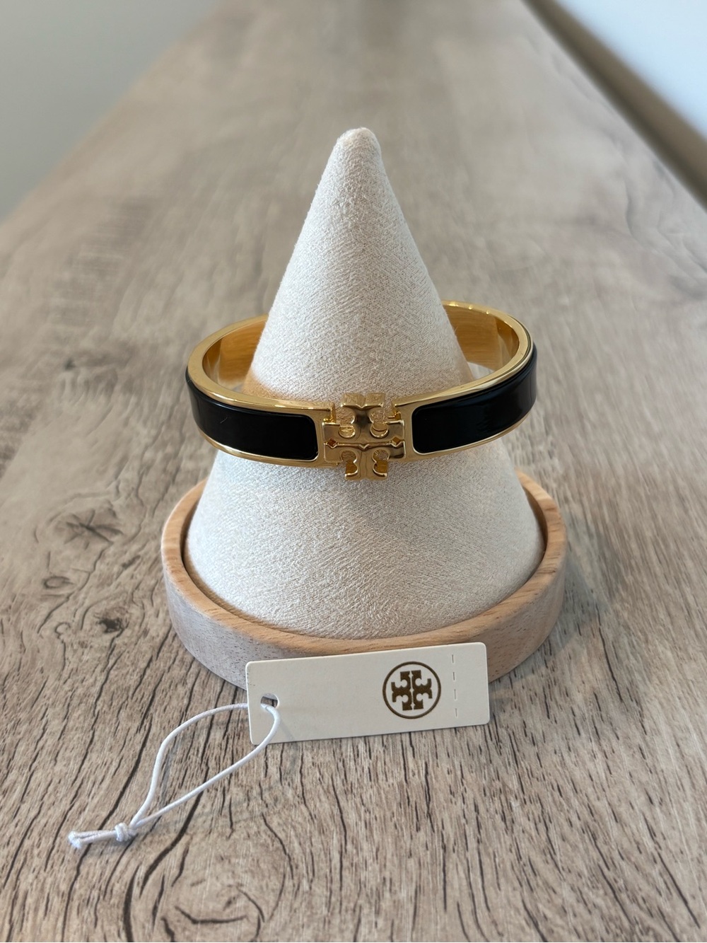 Tory Burch Black and Gold Enamel Logo Bangle